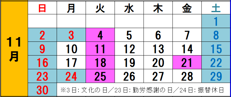 11月開館カレンダー